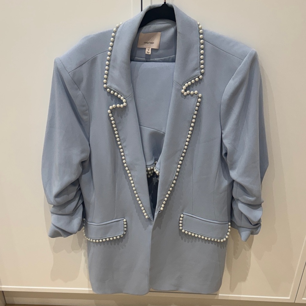 Cinq à Sept Light Blue Blazer with Pearl Embellishments
